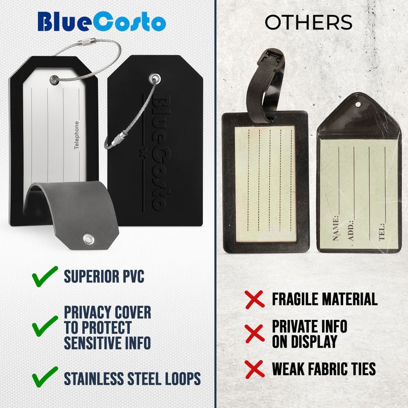 BlueCosto - Luggage Tags - Large, Black, 5 PK - PVC Suitcase Tags w/Privacy Cover & Stainless Steel Wire Loops - Personalized Baggage Identifiers for Travel - Backpack Name Labels - Image 4